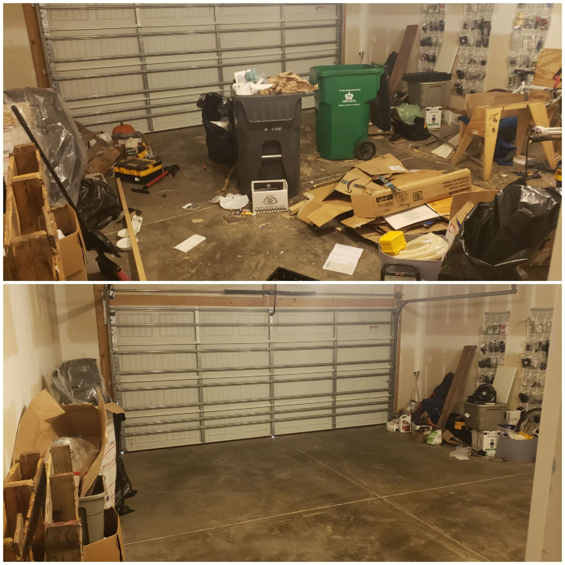 Before and after of a cluttered garage transformed into a clean, organized space with shelving and storage