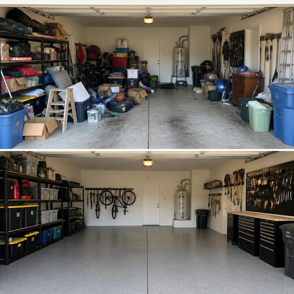 Before and after of a garage full of boxes and trash cans transformed into a clear, usable floor